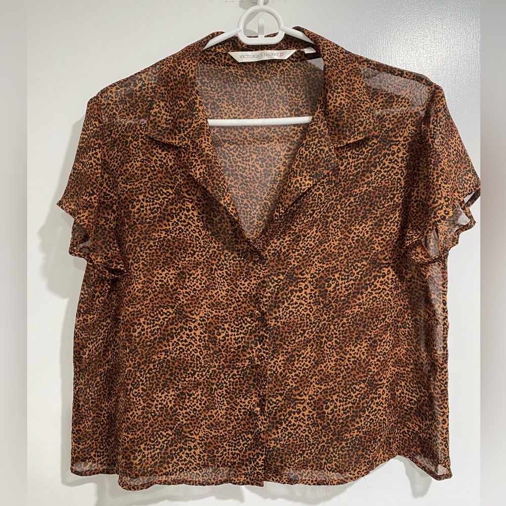 Victorias Secret cheetah animal print sheer short sleeve button down top small